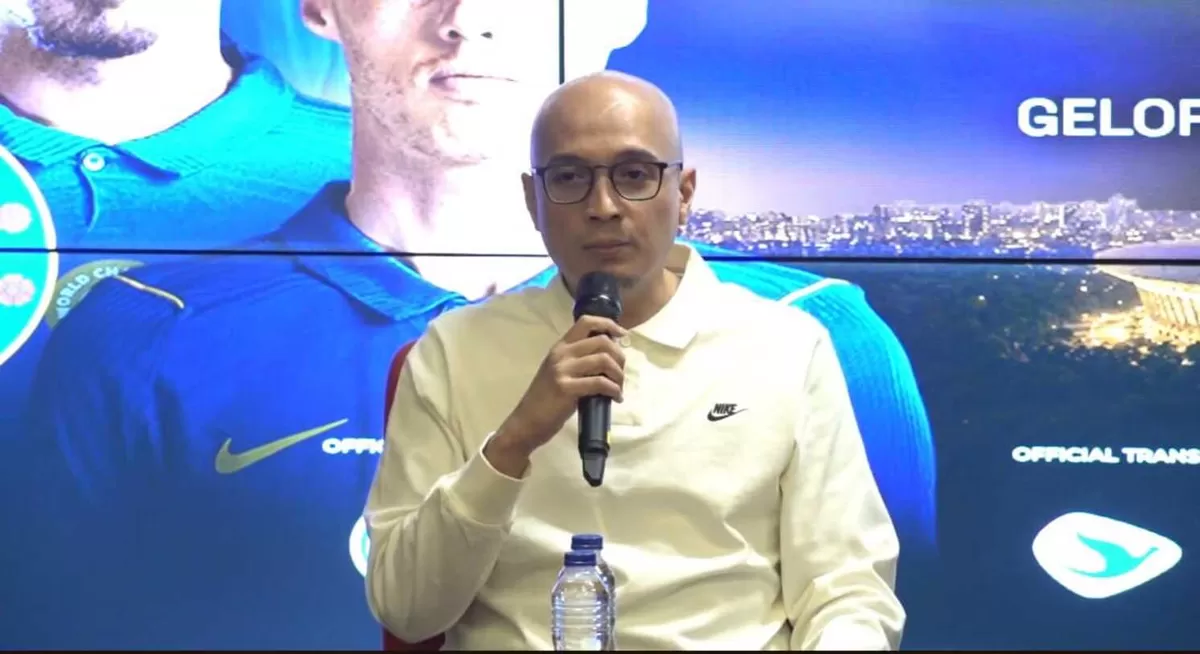 CEO Nine Sport Inc, Arif Putra Wicaksono dalam jumpa pers di GBK, Jakarta, Selasa, 28 Juli, menjelaskan mengenai turnamen Pramusim yang bertitle "Indonesia Super Cup 2026" antara Chelsea vs AC Milan.