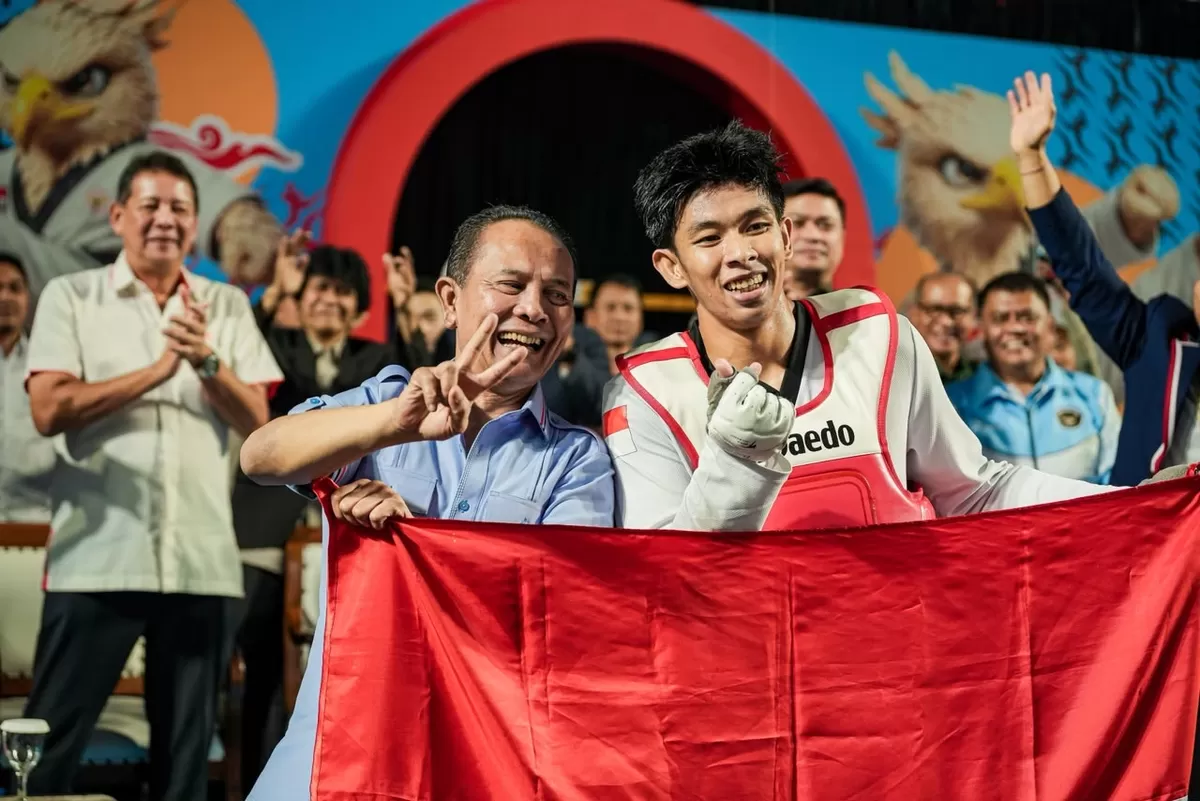 Taekwondoin Indonesia, Muhammad Raihan Fadila sukses meraih medali emas nomor kyorugi (tarung) kelas -80kg di Asian Taekwondo Indonesia Open Championships 2026, Jakarta, Senin, 3 Agustus. 