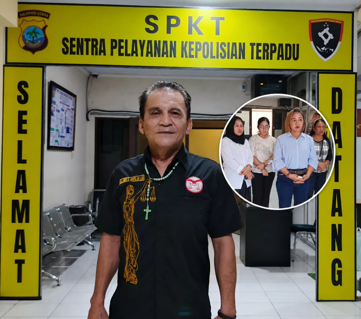 Advokat Eka Dicky Mantik, S.PAK, L.LB, L.LM, insert klien saat di Mapolda Sulut. (Dok.RK)