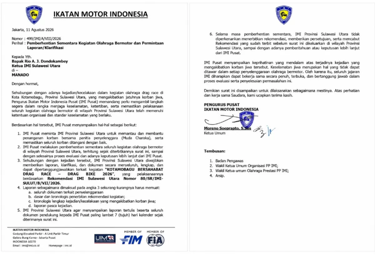 Surat IMI Pusat untuk IMI Sulut (Dok.Istimewa)