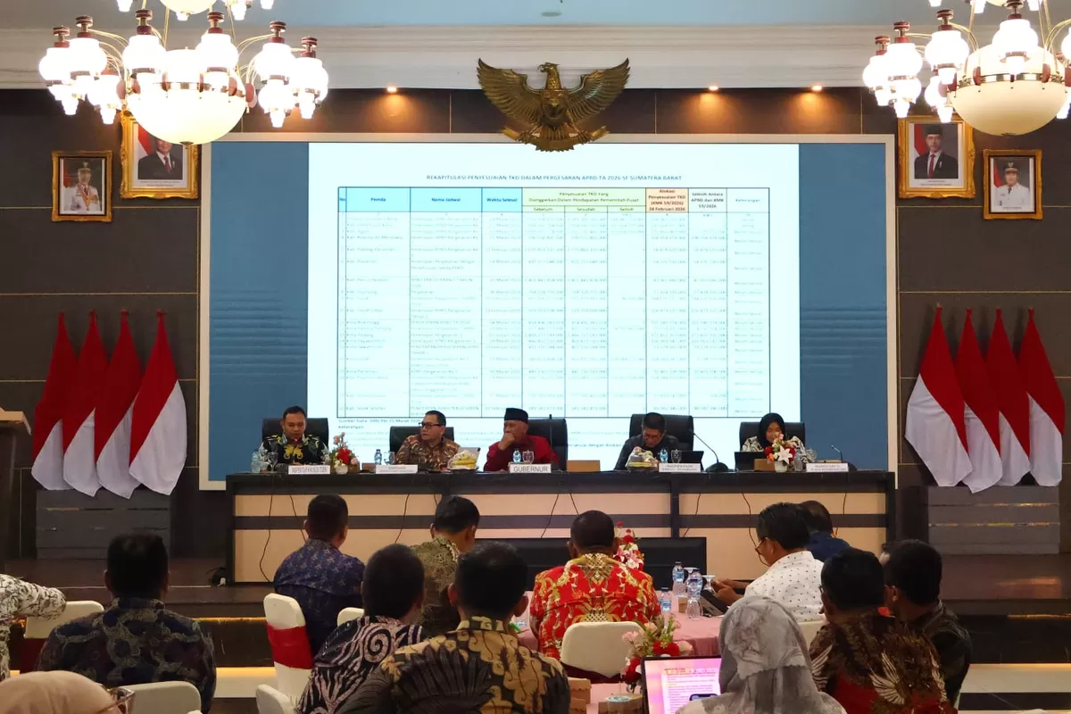 Suasana Rapat Koordinasi Monitoring dan Evaluasi Penggunaan Tambahan Transfer Keuangan Daerah (TKD) se-Sumatera Barat di Padang, Kamis (26/03/2026).