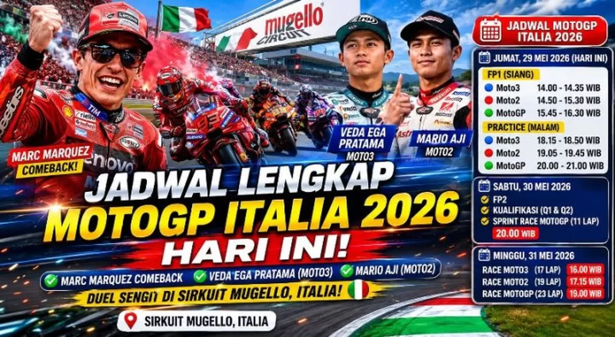 Jadwal Lengkap MotoGP Italia 2026 Hari Ini: Marc Marquez Kembali, Veda Ega Pratama dan Mario Aji Siap Beraksi di Mugello