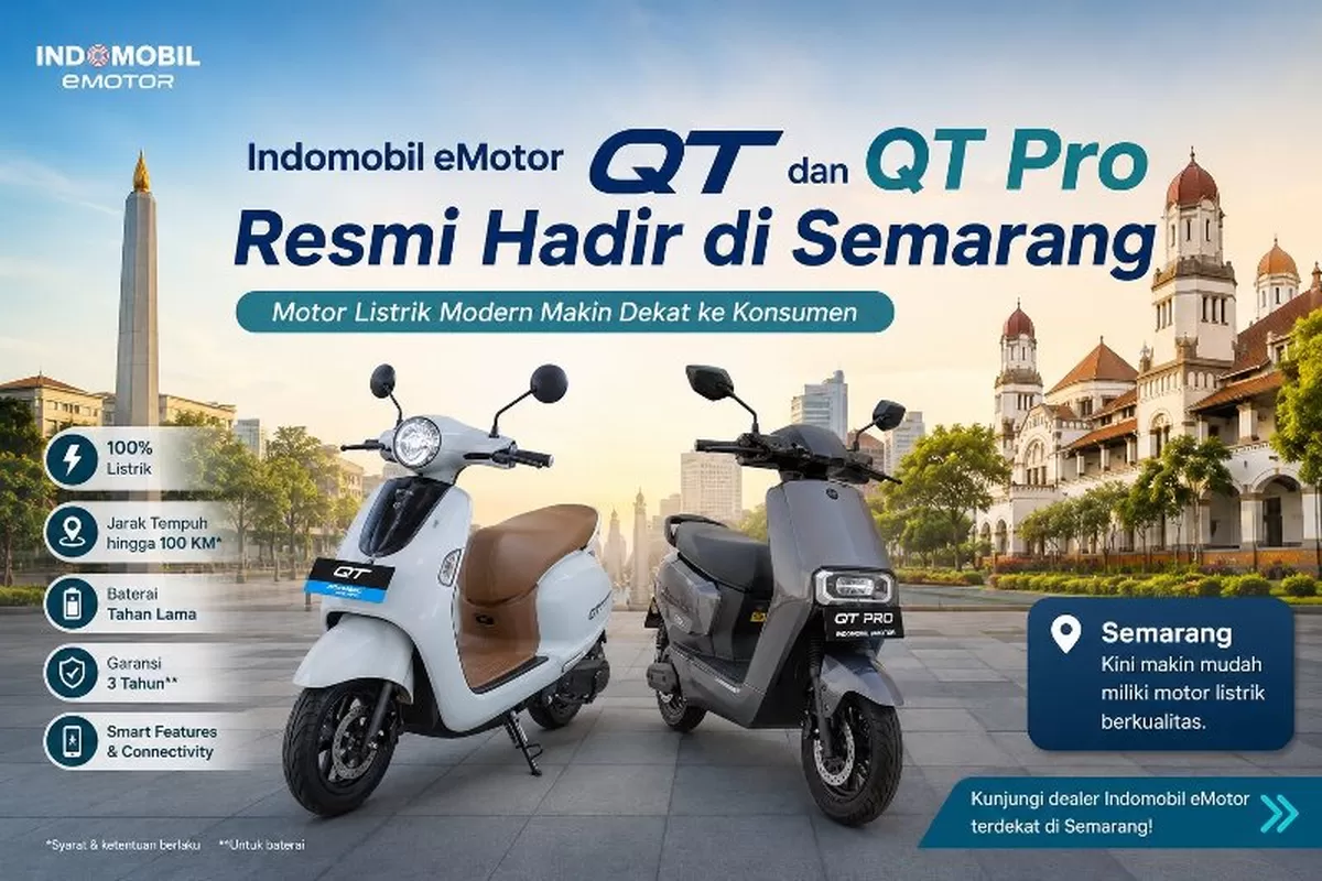 buatkan gambar landscape dengan judul Indomobil eMotor QT dan QT Pro Resmi Hadir di Semarang, Motor Listrik Modern Makin Dekat ke Konsumen