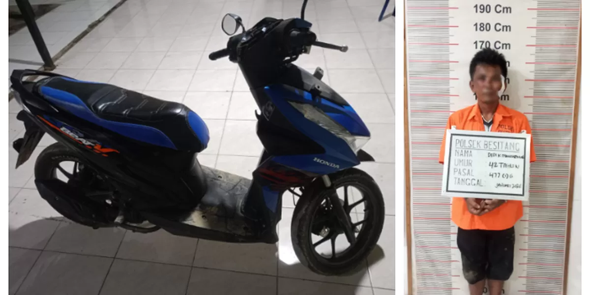 Tersangka DKM (40) Warga Padangsidimpuan Diamankan Polsekta Besitang Bersama Barang Bukti Sepeda Motor Korban. (Realitasonline.id/Dok)