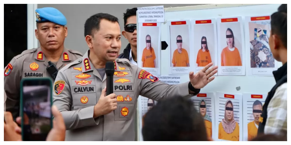 Kapolrestabes Medan saat jumpa pers paparkan kasus perdagangan bayi dengan terduga pelkau 9 orang telah ditangkap. (Ogek Tanjung/Himas Polda Sumut)