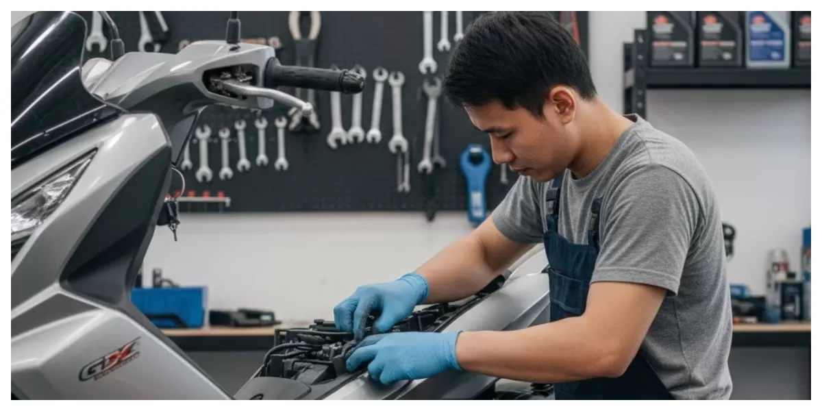  Ilustrasi Orang Sedang Merawat Motor Matic (Realitasonline/ Canva)