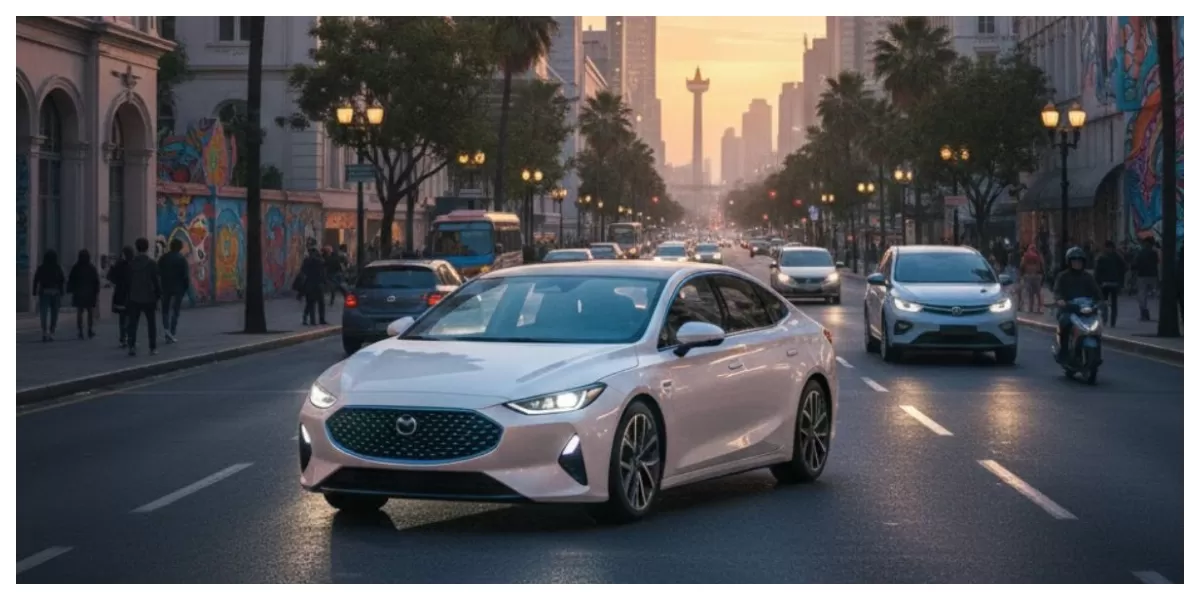  Ilustrasi Mobil Listrik di Tengah jalanan perkotaan (Realitasonline/ Canva)