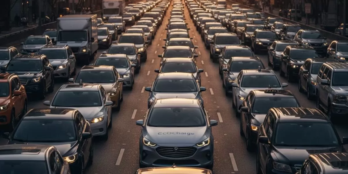 Keterangan foto: Ilustrasi Mobil Hybrid di tengah lalu lintas padat (Realitasonline/ Canva)