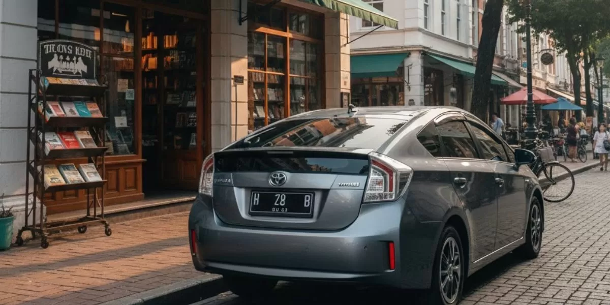 Keterangan foto: Ilustrasi mobil hybrid sedang parkir di depan toko buku (Realitasonline/ Canva)