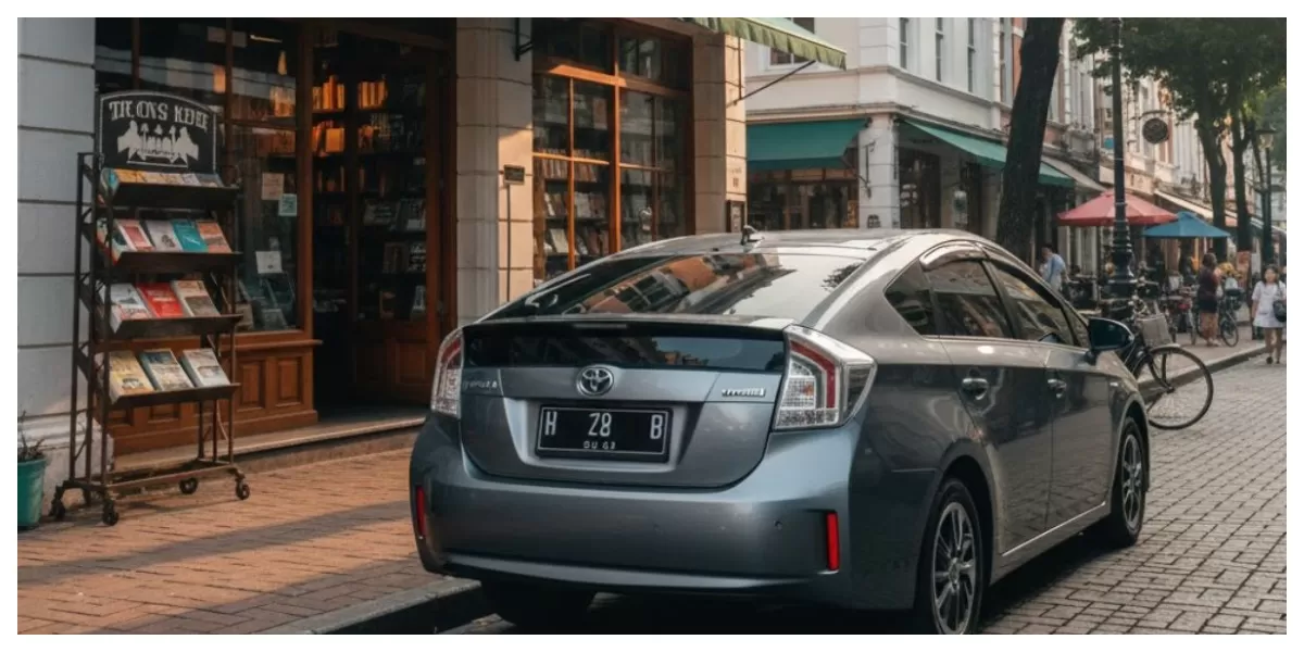  Ilustrasi mobil hybrid sedang parkir di depan toko buku (Realitasonline/ Canva)