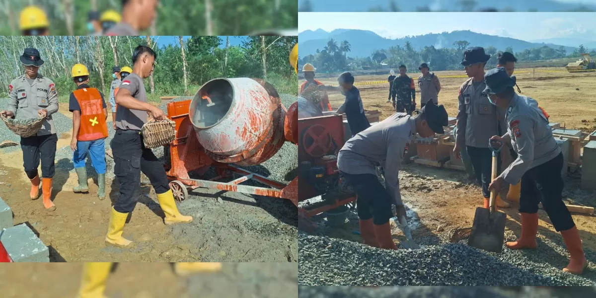 Personil Brimob Poldasu Bangun Huntap di Desa Napa Tapsel