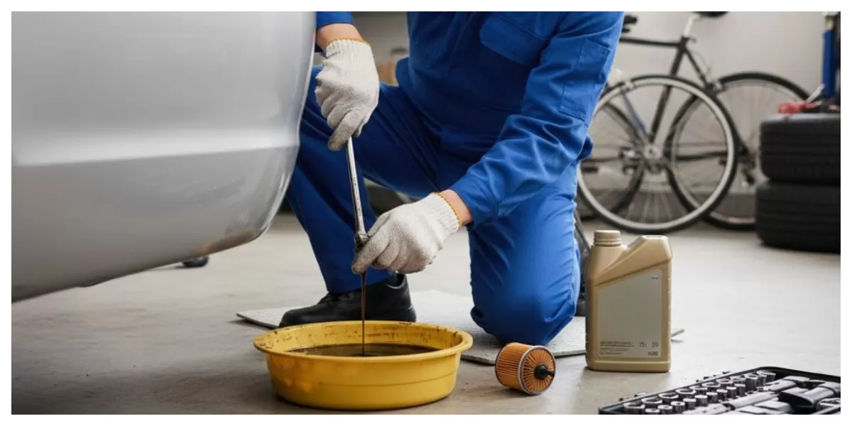 Ilustrasi orang sedang mengganti oli mesin mobil (Realitasonline/ canva)
