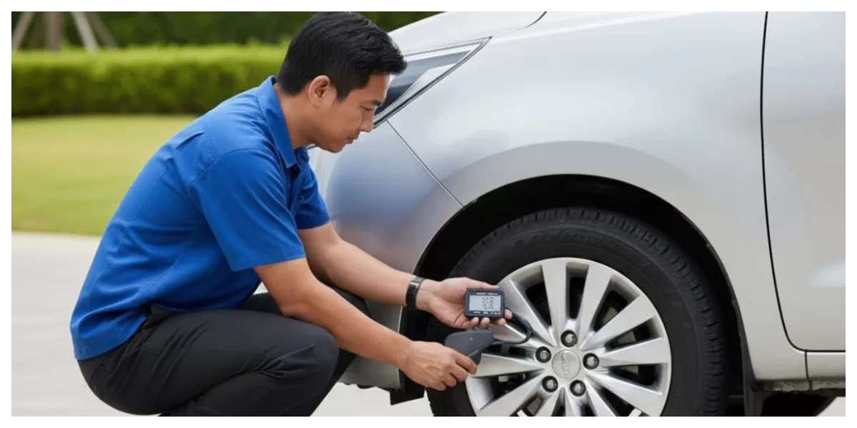 Keterangan foto: Ilustrasi orang sedang mengecek tekanan angin ban mobil (Realitasonline/ canva)