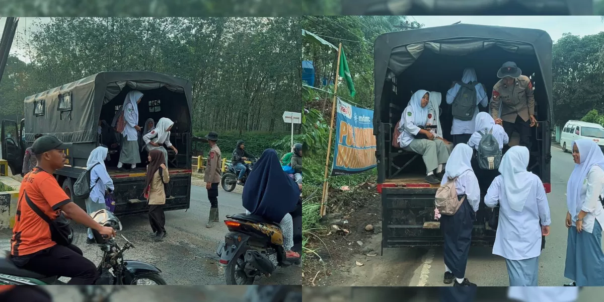 Ratusan Pelajar di Garoga Tapsel Diantar Jemput Personil Brimob Menggunakan Mobil Dinas Polri sekaligus Mendirikan Huntara Diperuntukkan Korban Pascabencana banjir di Tapsel. 