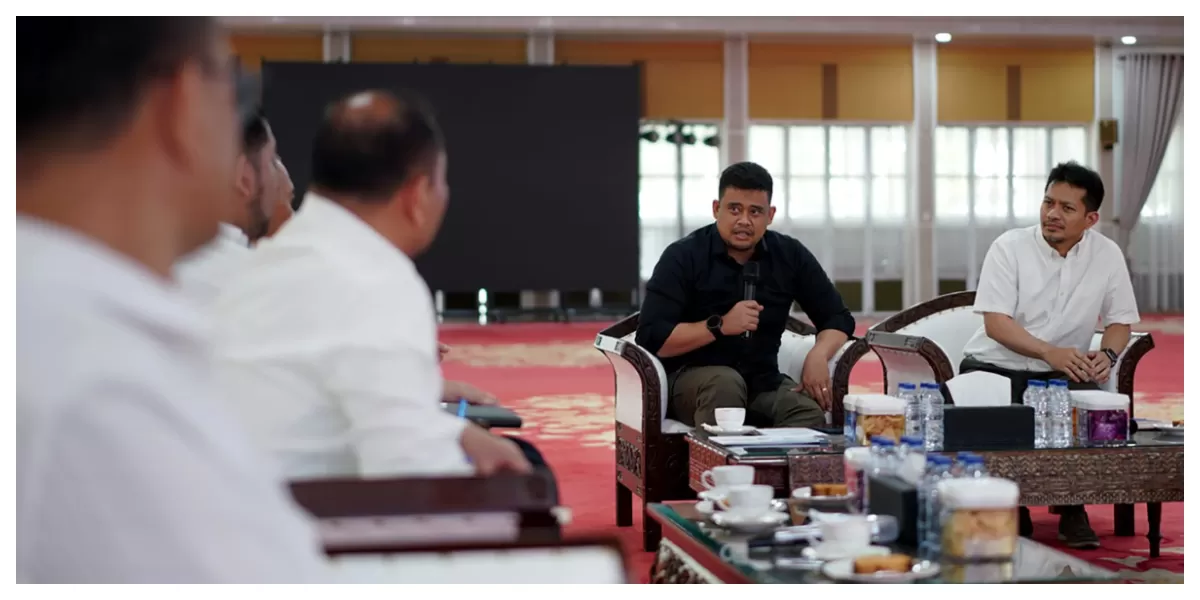 Gubernur Sumatera Utara Bobby Nasution didampingi Pj Sekda Sumut Sulaiman Harahap, Kepala Bappelitbang Dikky Anugerah serta sejumlah OPD menerima audiensi Dirut Baru Bank Sumut Heru Mardiansyah. (Realitasonline.id/Kominfo Sumut/Fahmi Aulia)