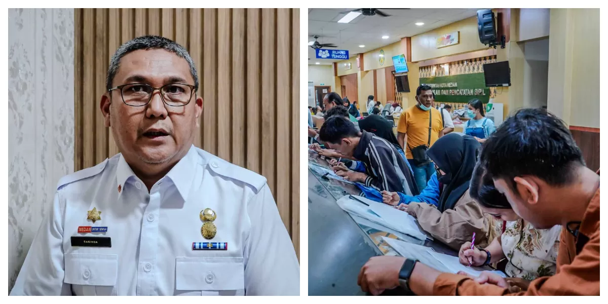 Kepala Disdukcapil Kota Medan Baginda P Siregar, dan terlihat warga yang sangat antusias mengurus Adminduk. (Realitasonline.id/Dok)