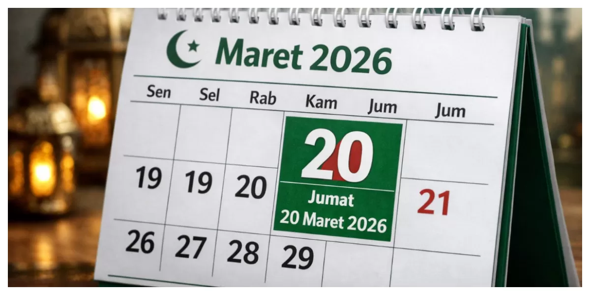 Kalender Maret 2026 menandai Jumat, 20 Maret 2026, sebagai perkiraan Hari Raya Idulfitri 1447 Hijriah. (Realitasonline.id/Dok)