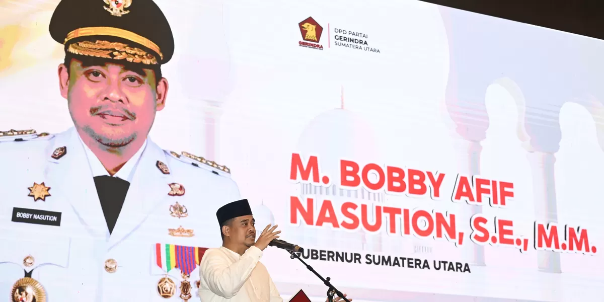 Gubernur Sumut Bobby Nasution menghadiri buka puasa bersama Partai Gerindra Sumut dI Convention Hotel Santika Dyandra Jalan Kapten Maulana Lubis, Medan, Sabtu (7/3/2026). Acara dihadiri oleh para petinggi Partai Gerindra Sumut, Ketua DPRD Sumut, serta Bupati/Walikota Se-Sumut.