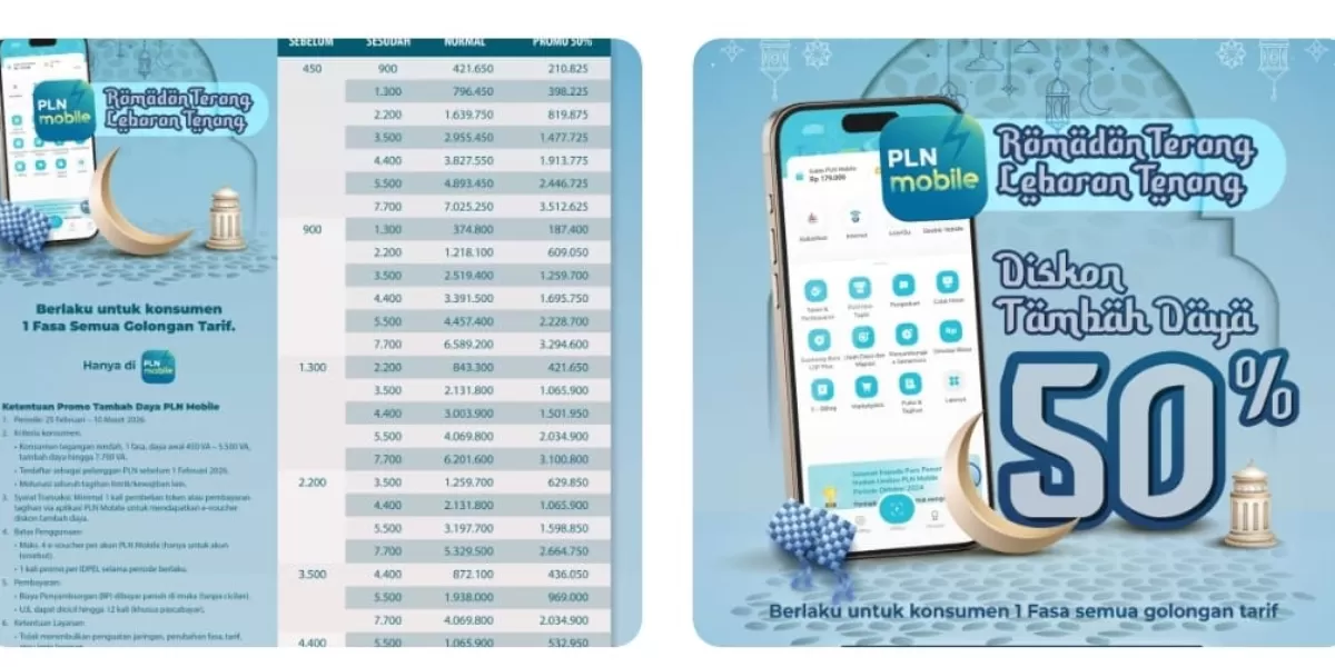 Program promo tambah daya listrik selama bulan suci Ramadhan 1447 Hijriah, bertajuk &ldquo;Ramadan Terang, Lebaran Tenang&rdquo;, PLN memberikan diskon sebesar 50 persen biaya penyambungan tambah daya bagi pelanggan rumah tangga satu fasa.(Foto : Realitasonline / Ist)