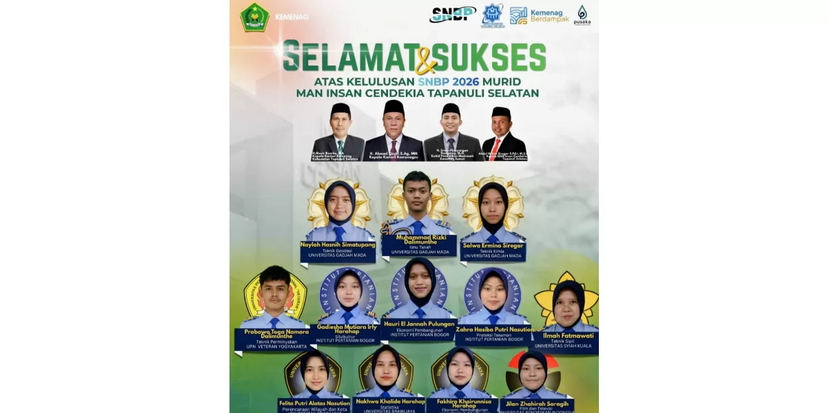 Sebanyak 12 siswa kelas XII MAN IC Tapsel, berhasil lolos ke PTN tanpa tes melalui jalur SNBP 2026. (Foto: Realitasonline/Ist)