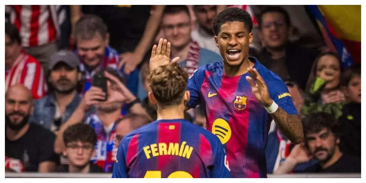 Keterangan Foto : Rashford berselebrasi usai mencetak gol kegawang Atletico Madrid (Realitasonline.id / ig : @fcbarcelona)