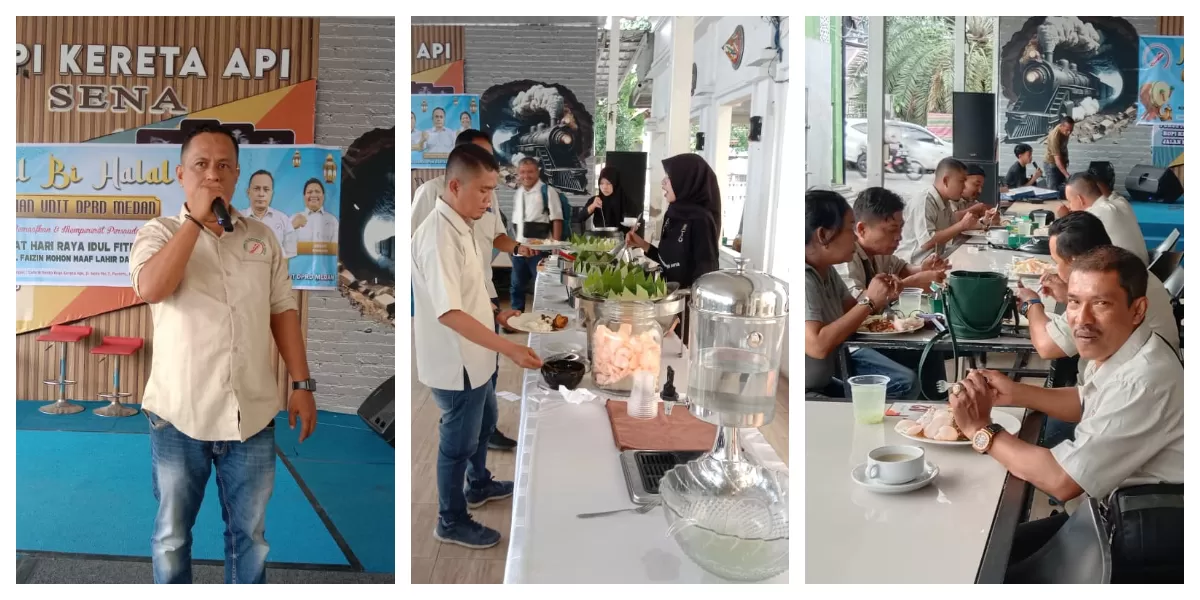 Ketua Koordinator Wartawan DPRD Medan, Said Ilham Assegaf saat menyampaikan sambutan, dan suasana makan siang pada halal bi halal. (Realitasonline.id/Dok)