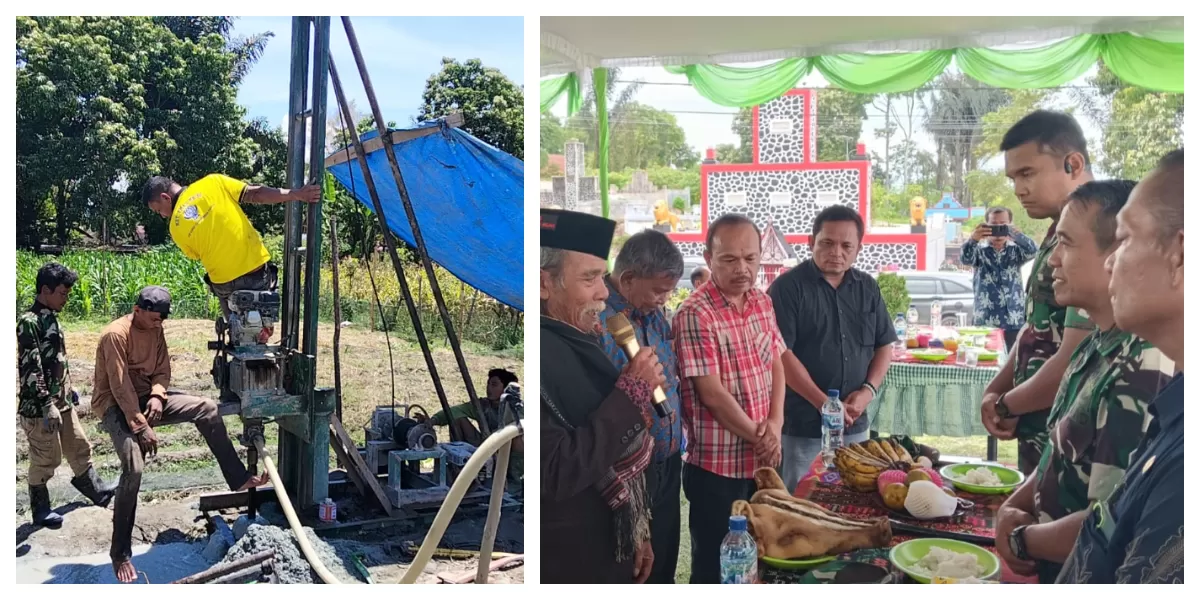 Danrem 023/KS Kolonel Inf Iwan Budiarso disambut acara adat saat Launching sumur bor air bersih bantuan KASAD dikerjakan para prajurit TNI bersana warga di Desa Hutabulu mejan Kecamatan Balige Kabupaten Toba&nbsp; (Realitasonline.id/MS)