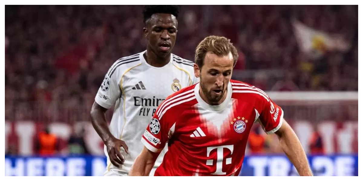 Keterangan Foto : Harry Kane sedang menggiring bola menghindari kejaran Vini Jr (Realitasonline,id / ig : @fcbayern)