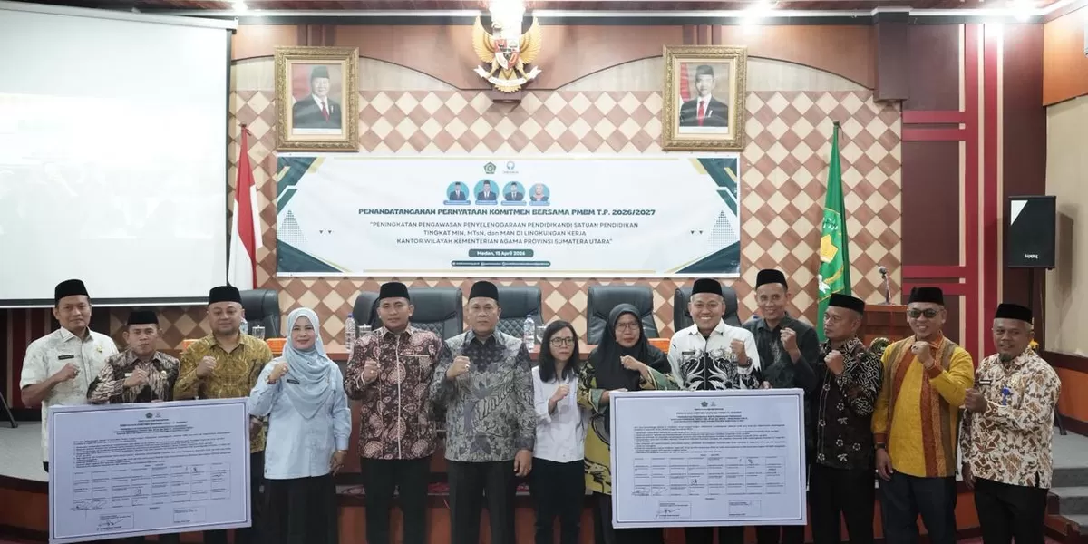 Kakanwil Kemenag Sumut menggelar penandatanganan komitmen bersama dalam penerimaan didik baru madrasah, Rabu (15/4/2026).