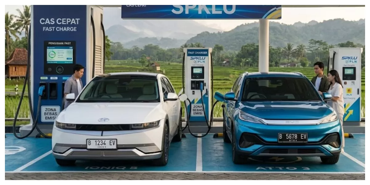 Ilustrasi mobil listrik yang sedang melakukan pengisian daya cepat untuk mendukung perjalanan jarak jauh (Realitasonline/ Canva)