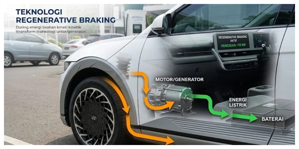 Ilustrasi sistem pengereman regeneratif pada mobil listrik yang membantu mengisi kembali energi baterai saat kendaraan melambat (Realitasonline/ Canva)