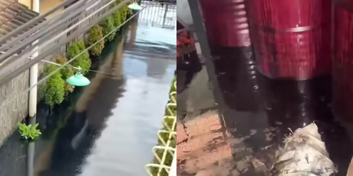 Banjir berwarna hitam di Sukoharjo, Jawa Tengah karena tercampur oli. (Instagram/infocegatansukoharjo)