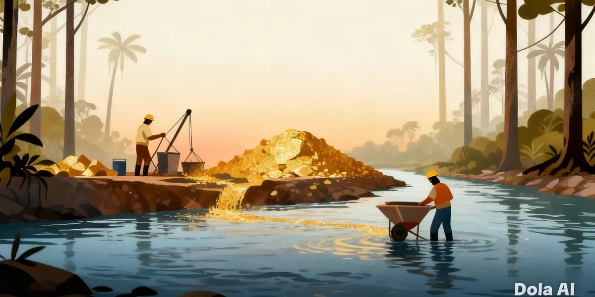 Ilustrasi aktivitas tambang emas ilegal yang menjadi sumber perputaran dana Rp 992 triliun menurut analisis PPATK periode 2023 2025.   (Dok. Kreasi Dola AI)