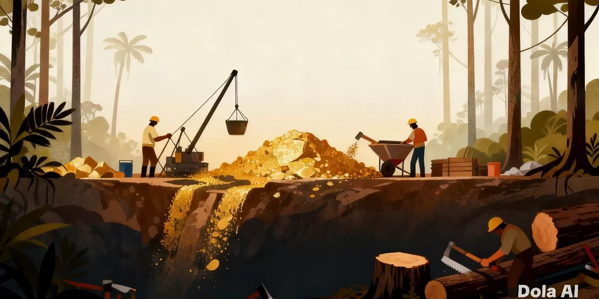 Ilustrasi tambang emas ilegal. Aktivitas penambangan emas tanpa izin dinilai merusak tata kelola sumber daya alam dan stabilitas ekonomi nasional. (Dok. Kreasi Dola AI)