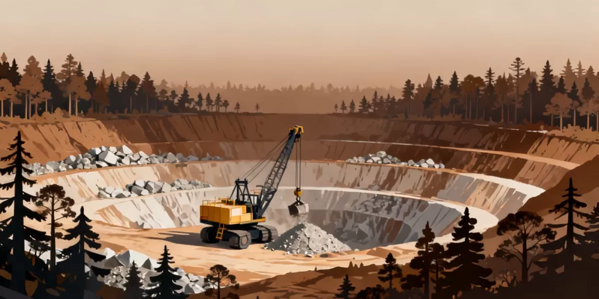 Ilustrasi penambangan di kawasan hutan. Aktivitas tambang nikel di Halmahera Timur menjadi sorotan setelah Satgas PKH menindak tujuh korporasi tambang di kawasan hutan Maluku Utara. (Dok. Dola AI )