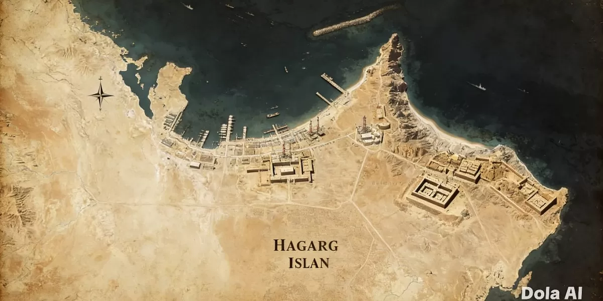 Pulau Kharg di Teluk Persia menjadi pusat ekspor minyak Iran dengan kontribusi hingga 95 persen terhadap distribusi energi nasional dan global.  (Dok. Kreasi Dola AI)