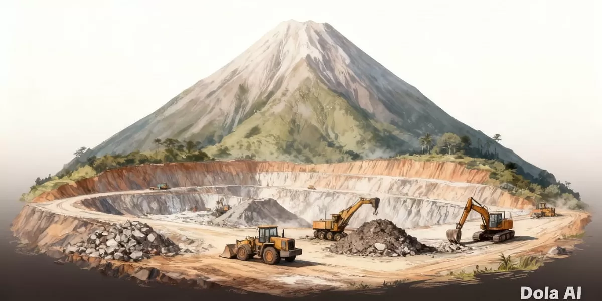 Ilustrasi pertambangan emas. Tambang emas strategis Tumpang Pitu Banyuwangi kembali menjadi perhatian setelah kajian dokumen lama memunculkan pertanyaan tata kelola perizinan. (Dok. Kreasi Dola AI)