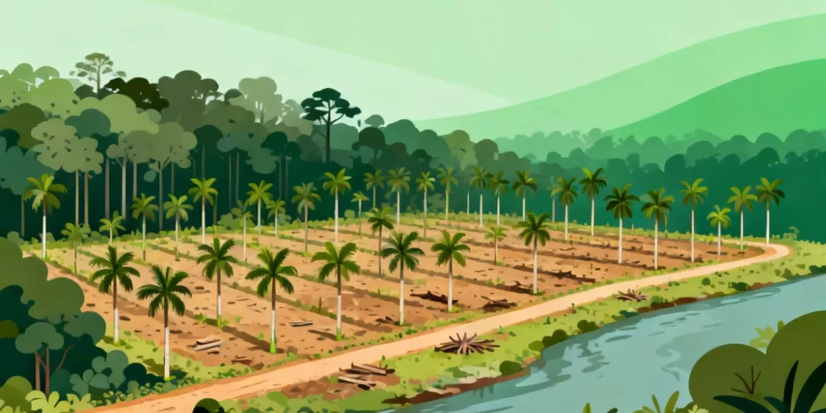 Ilustrasi perkebunan sawit.Ilustrasi kebun sawit rakyat yang masuk kawasan hutan lama, menjadi bagian dari perdebatan klaim 4 juta hektare sawit ilegal di Indonesia. (Dok. Dola AI)