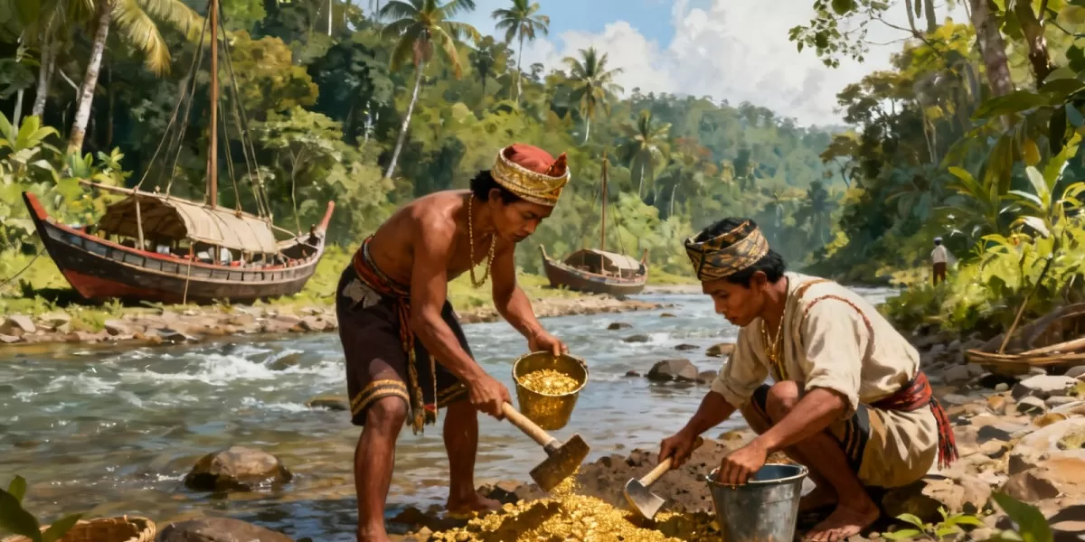 Ilustrasi aktivitas tambang emas.  Area reklamasi tambang emas memperlihatkan upaya pemulihan lingkungan pasca aktivitas pertambangan modern. (Dok. Kreasi Dola AI)