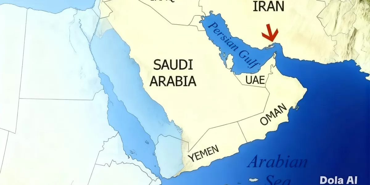 Peta Selat Hormuz (tanda panah). Terminal minyak di Fujairah terbakar setelah serangan drone yang memicu lonjakan harga minyak dunia dan memperparah konflik Timur Tengah.   (Dok. Kreasi Dola AI)