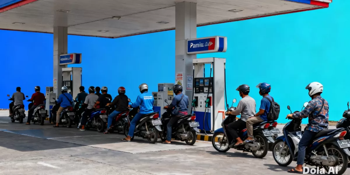 Ilustrasi antre BBM. Pengendara antre berjam-jam di SPBU setelah kabar mengenai pembatasan distribusi BBM viral melalui pesan berantai digital. (Dok. Kreasi Dola AI)
