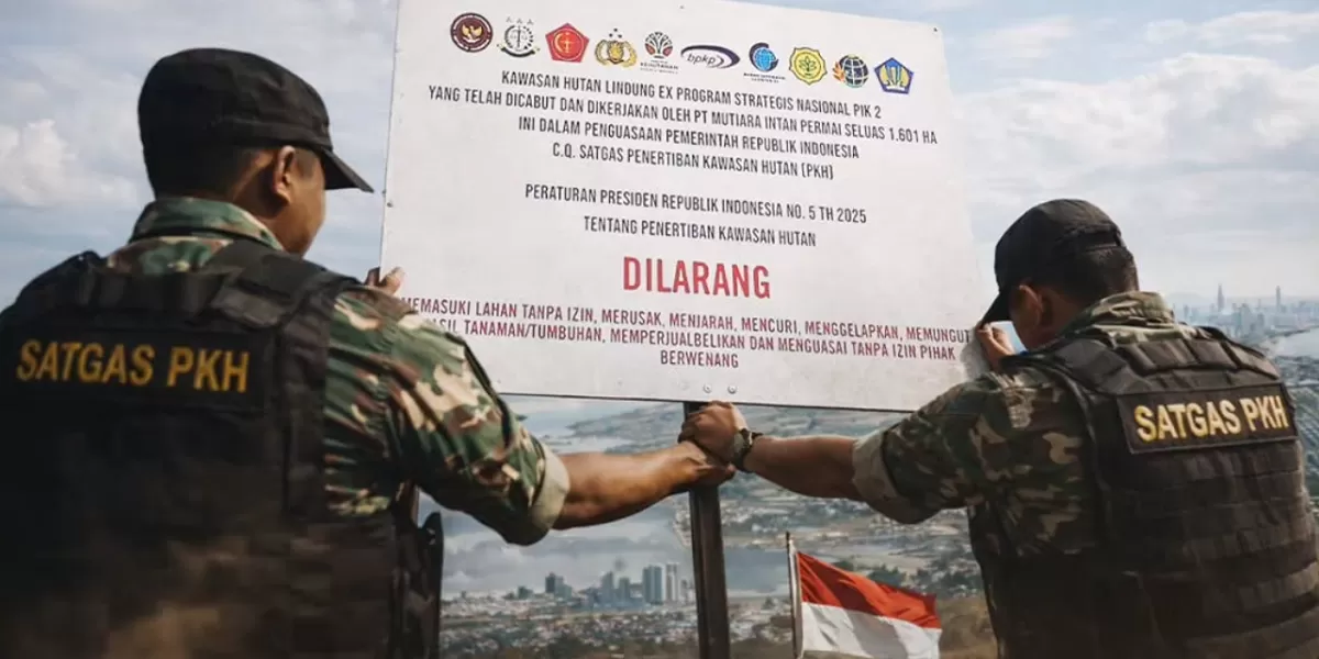 Satgas PKH memasang tanda penyegelan di kawasan Hutan Lindung Paku Haji Tangerang sebagai bagian penertiban lahan 1.601 hektare terkait proyek PIK 2. (Instagram.com @satgaspkhofficial)