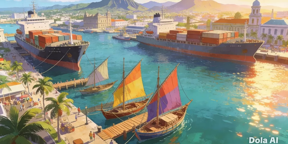 Lonjakan kapal di Pelabuhan Port Louis Mauritius mencerminkan dampak langsung konflik Iran terhadap jalur pelayaran global. Ilustrasi pelabuhan Port Louis Mauritius.  (Dok. Kreasi Dola AI)