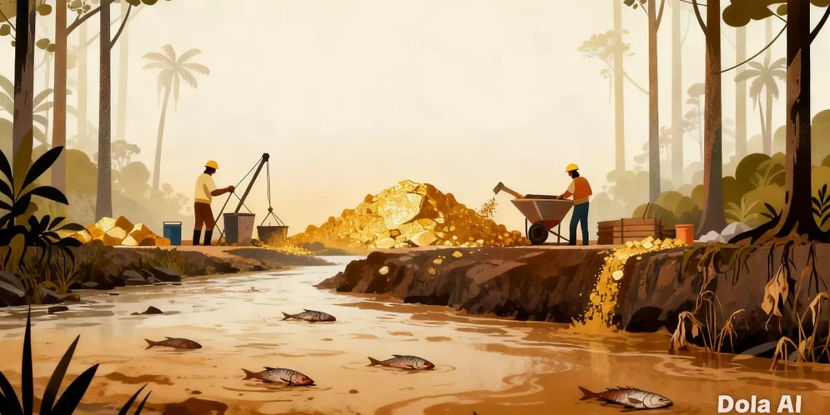 Ilustrasi Tambang Ilegal. Tambang emas Banyuwangi menjadi sorotan setelah analisis dokumen 2012 terkait izin usaha pertambangan dan perubahan status kawasan hutan. (Dok. Kreasi Dola AI)