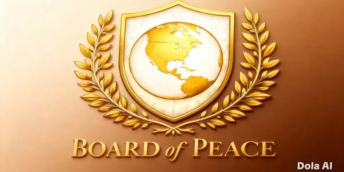 Logo Board of Peace. Kondisi Gaza pascakonflik dengan 96 persen infrastruktur rusak menjadi fokus rekonstruksi internasional lima tahun ke depan.   (Dok.Kreasi Dola AI)
