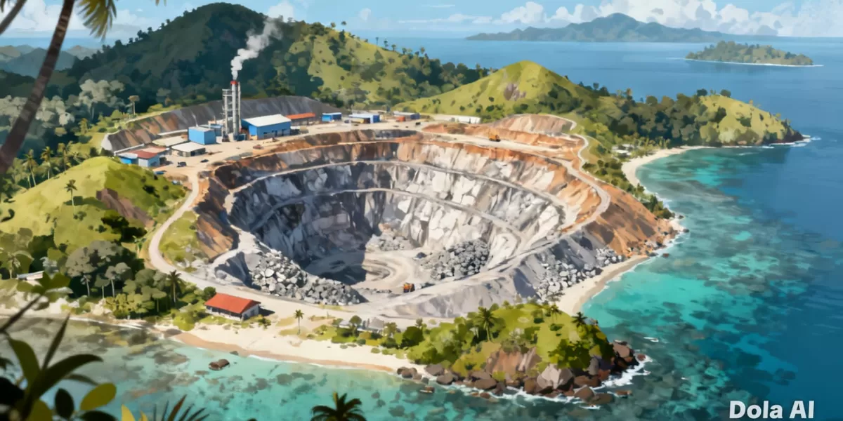 Ilustrasi tambang nikel di Pulau Gebe. Aktivitas pertambangan nikel di Pulau Gebe menjadi sorotan nasional setelah muncul dugaan pelanggaran kawasan hutan yang menyeret sejumlah nama pejabat daerah dan korporasi tambang.   (Dok. Kreasi Dola AI)