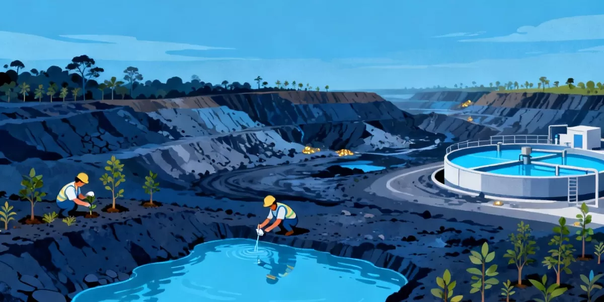 Ilustrasi tambang emas. Aktivitas operasional tambang emas di Tumpang Pitu Banyuwangi terus menjadi sorotan masyarakat dan pemerhati lingkungan. (Dok. Kreasi Dola AI)