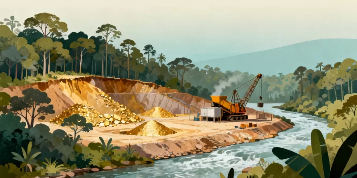 Ilustrasi Tambang Ilegal, Aktivitas tambang di kawasan terbuka yang disorot karena beroperasi tanpa izin lengkap dan hanya dikenai sanksi denda administratif.  (Dok. Kreasi Dola AI)
