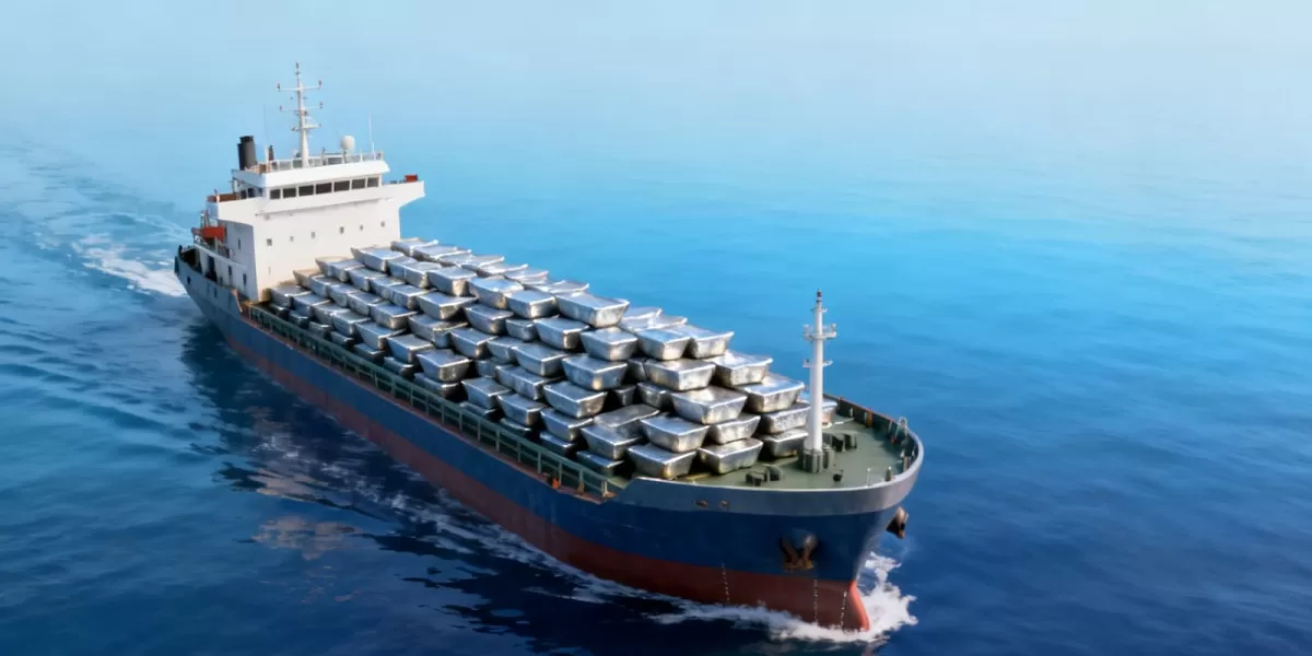 Ilustrasi kapal membawa komoditas timah. Aktivitas penyelundupan timah ilegal kembali menjadi sorotan setelah polisi mengungkap kerugian negara mencapai puluhan miliar rupiah. (Dok. Kreasi Dola AI)