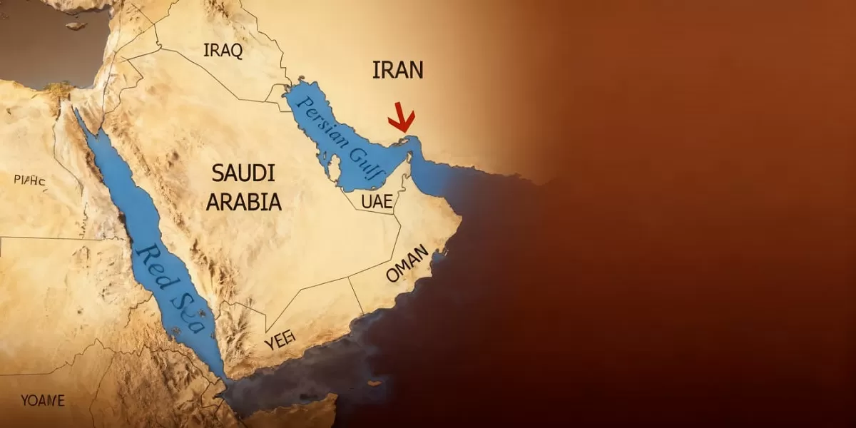 Peta Selat Hormuz (tanda panah). Ilustrasi tanker minyak internasional yang melintasi Selat Hormuz sebagai jalur utama distribusi energi global menuju berbagai negara. (Dok. Kreasi Dola AI)